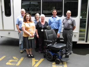 Administrators and staff from Gloria Dei’s Plaza Senior Community along with representatives from Sunrise Medical and Delcrest Medical Services display the new state-of-the-art power chair donated by the Gloria Dei Communities Foundation. (From left to right) Kevin Smith, Maintenance Assistant; Miranda Wagner, Assistant Administrator; Donna Marie Saul, Director of Education and Resident Services; Elizabeth Williams, Community Administrator; Dan Clower, Sunrise Medical Account Manager; Joe Vanleer, Delcrest Medical Services Sales Associate